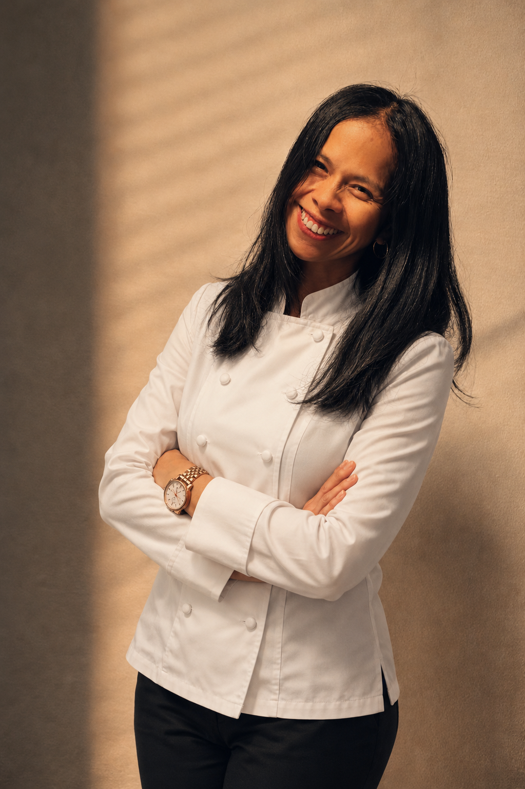 Founder of The Pink Footprint wearing a chef's jacket